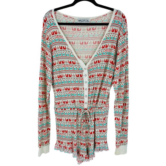 Wildfox Long Sleeve Snap-Button Front Waist-Tie Ruffled Shorts Romper Playsuit L - Picture 4 of 16